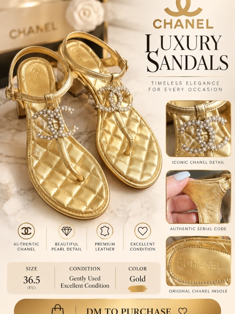 CHANEL Gold Quilted Leather Thong Sandals with CC Hardware.